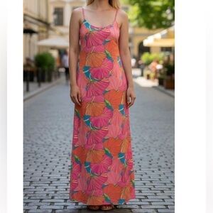 Trina Turk Pink & Blue Tropical Hawaiian Floral Maxi Dress Size Small